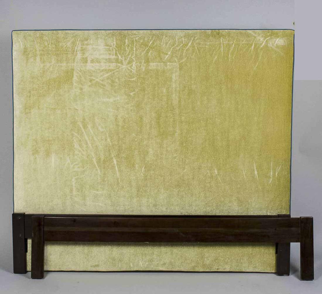 Contemporary Bed: Queen size, light green fabric upholstered head board Head board, 56 x 62 inches Notice to bidders: Condition reports and additional photographs are provided by request as a courtesy to our clients, a