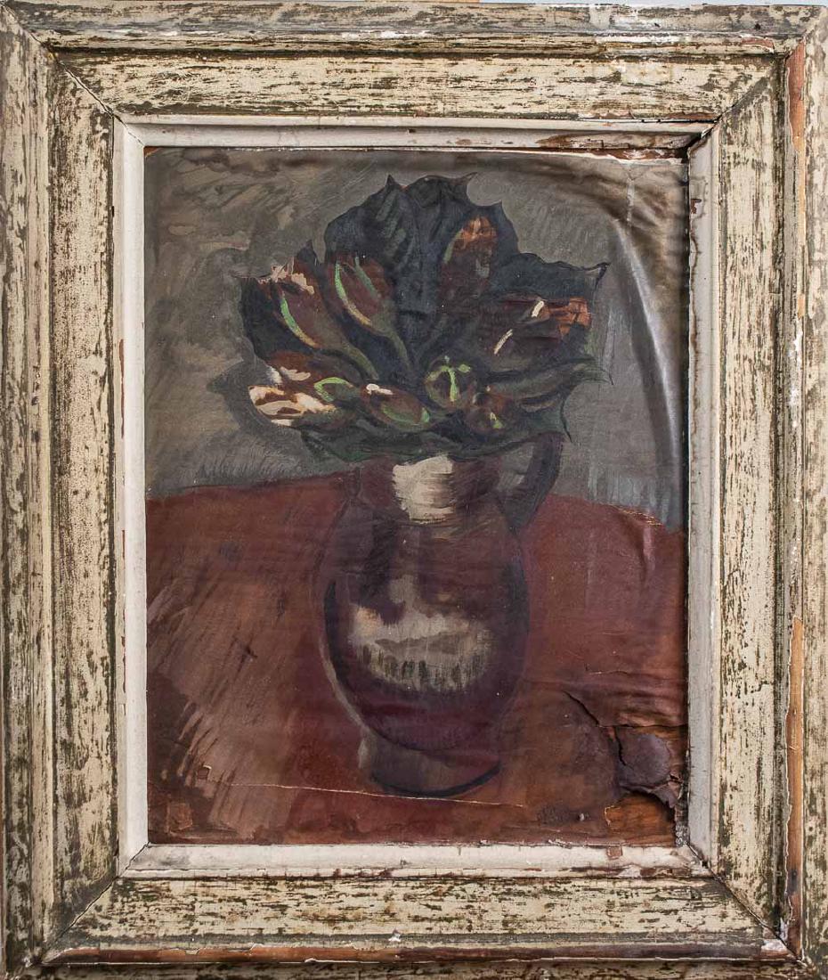 Henry Varnum Poor (American, 1887-1970): Lily Buds Oil on paper, mid 20th century Signed at lower right Montross Gallery label on the verso Sight size, 16 x 12 1/2 inches Frame size 23 x 19 inches Notice to bidders: Condition reports and add