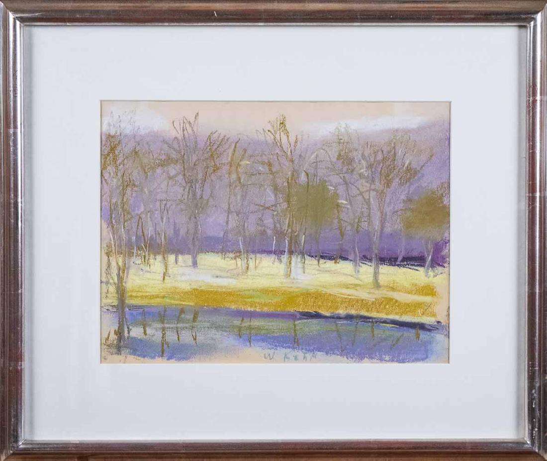 Wolf Kahn (German/American b 1927): Trees on a Riverbank. Pastel on paper, 1994. Signed at center bottom. Sight size 9 1/2 x 11 1/2 inches. Frame size 15 1/4 x 18 inches. Matted and framed. Provenance: From the Estate of Robert Sauers o