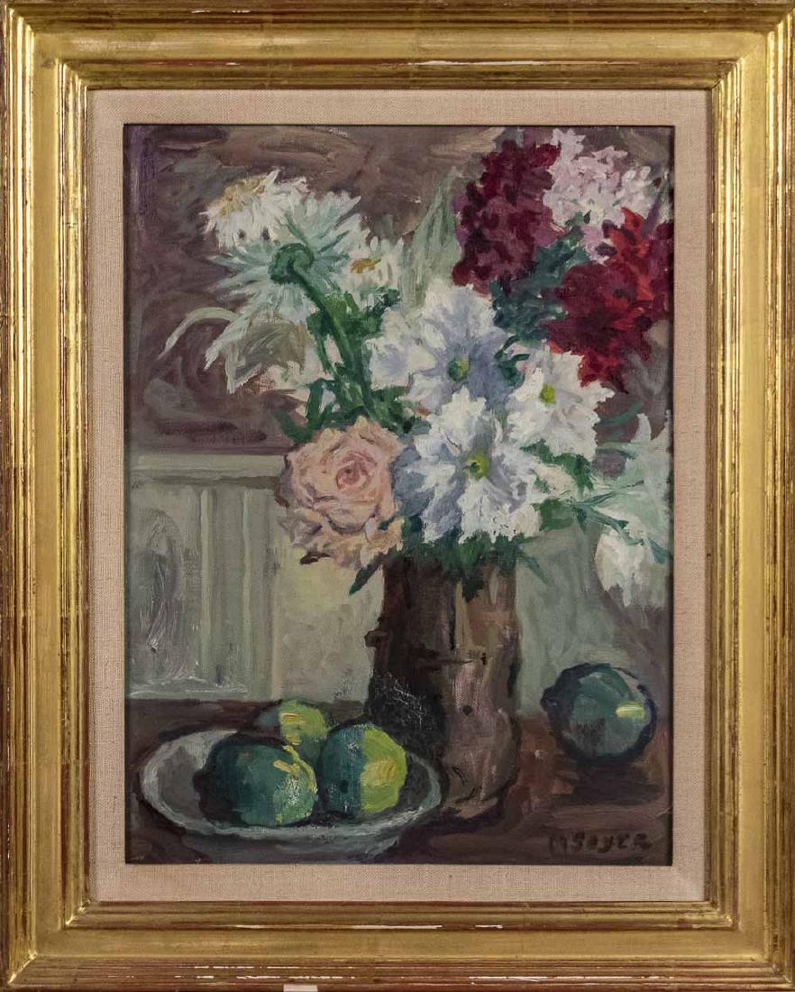 Moses Soyer (American 1899 - 1974): Floral still life with limes. Oil on canvas. Signed at lower right. Canvas, 16 x 12 inches. Framed. Notice to bidders: Condition reports and additional photographs are provided by request as a courtes