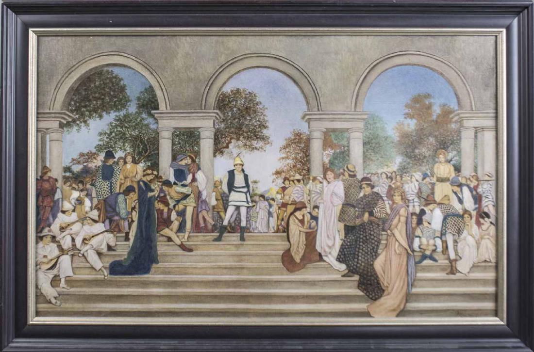 Spencer Baird Nichols (American, 1875-1950): Florentine Fete (after Maxfield Parrish). Oil on canvas mounted on board, 1921. Signed and dated (l.r.). Sight size 21 1/2 x 35 1/4 inches. Framed. Notice to bidders: Condition reports and additional