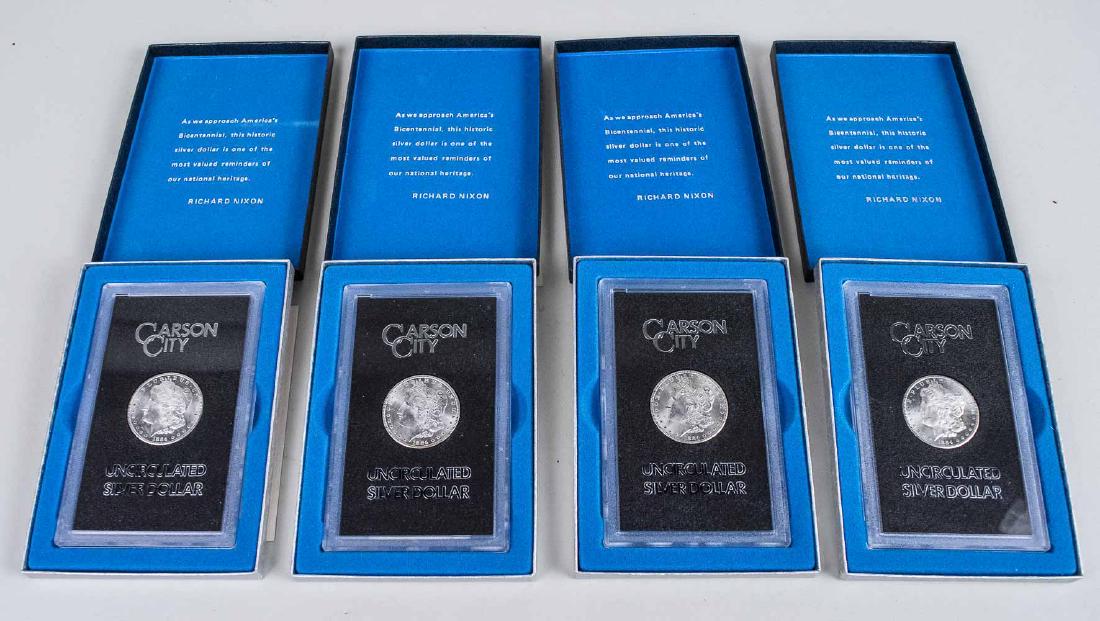 4 Uncirculated Carson City Morgan Silver Dollars: Each from the 1972 GSA Hoard sale and dated 1884, with original boxes and certificates of authenticity. Provenance: From the Estate of Robert Sauers of New York and Philadelphia. Notice to bidders: Co