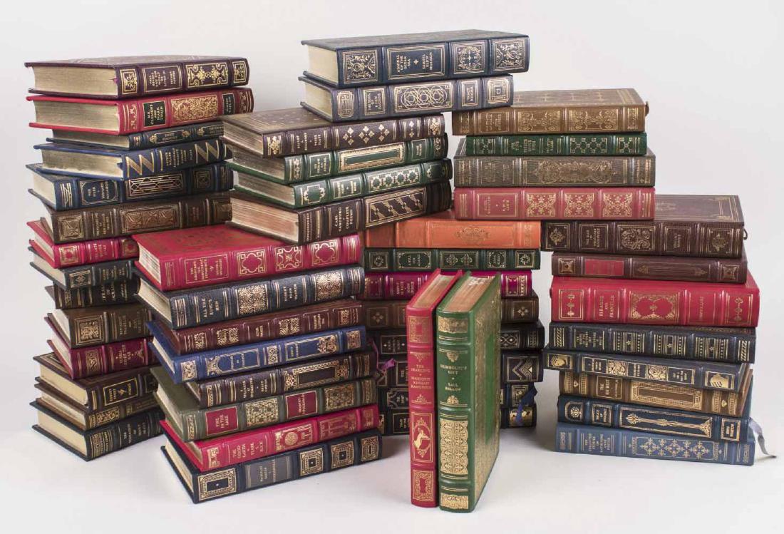 Set of Full Leather Binding Books: Fifty volumes, published by The Franklin Library, all copyrights circa 1985, various subjects and authors, including Robert Frost, John Updike, Sinclaire Lewis, John F. Kennedy, Benjamin Franklin, Ten