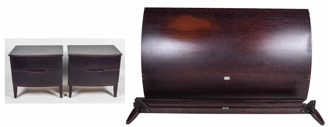 Bed and Two Night Tables: Rectangular headboard flanked by two nightstands. Headboard, height 46 inches, width 84 inches. Notice to bidders: Condition reports and additional photographs are provided by request as a courtesy to