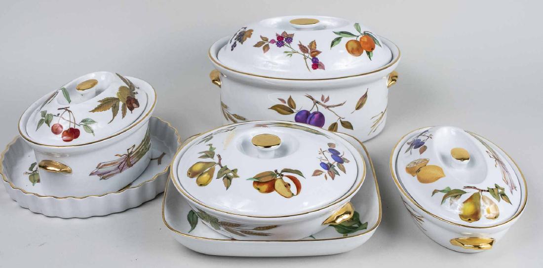 Royal Worcester Oven to Table Articles: Comprising four covered entree dishes, tart dish and an oval open serving dish. Notice to bidders: Condition reports and additional photographs are provided by request as a courtesy to our clients, as