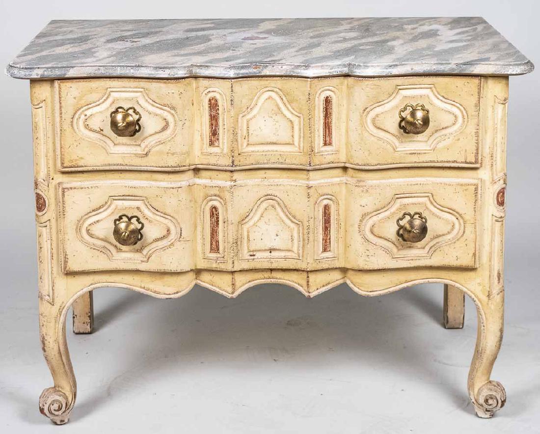 Louis XV Style Faux Marble Top Painted Commode: Serpentine front grey marble top over two drawers, cabriole legs ending in scroll feet. Height 30 inches, width 40 inches, depth 21 inches. Notice to bidders: Condition reports and additional photogra