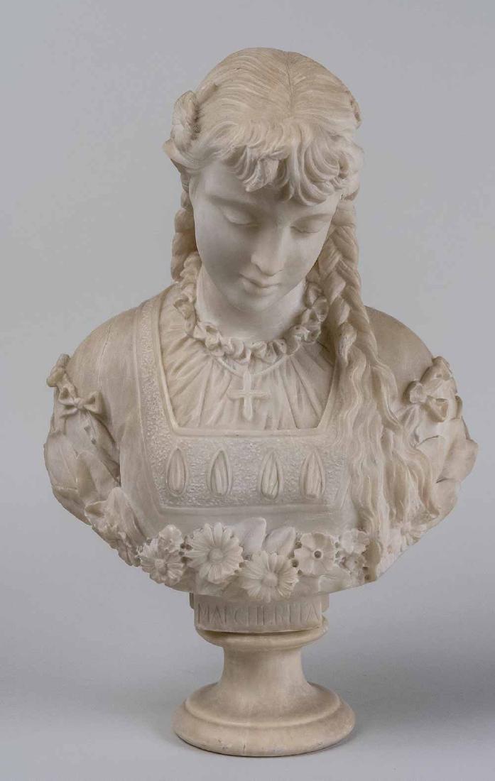 Alabaster Bust of a Young Girl: Young girl with braided hair, gazing downward over her right shoulder. Height 16 inches. Notice to bidders: Condition reports and additional photographs are provided by request as a courtesy to our cl