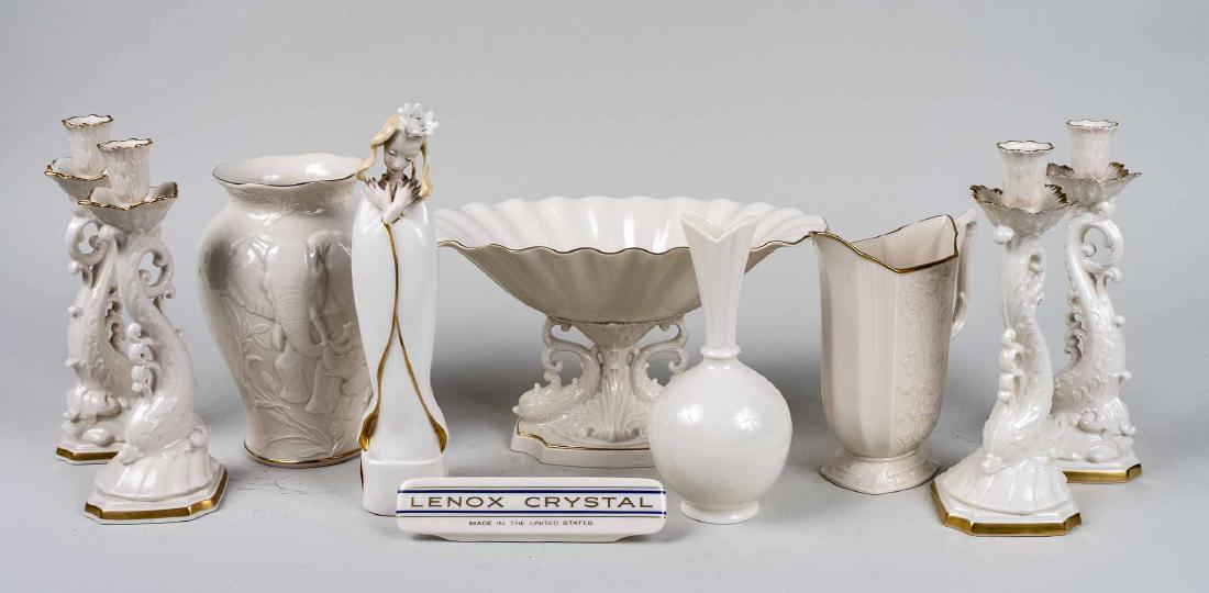 Group of Lenox Porcelain Table Articles: Including a pedestal bowl, a Madonna figure, a set of four dolphin candlesticks, etc. Dolphin candlesticks, height 10 inches. Notice to bidders: Condition reports and additional photographs are provid