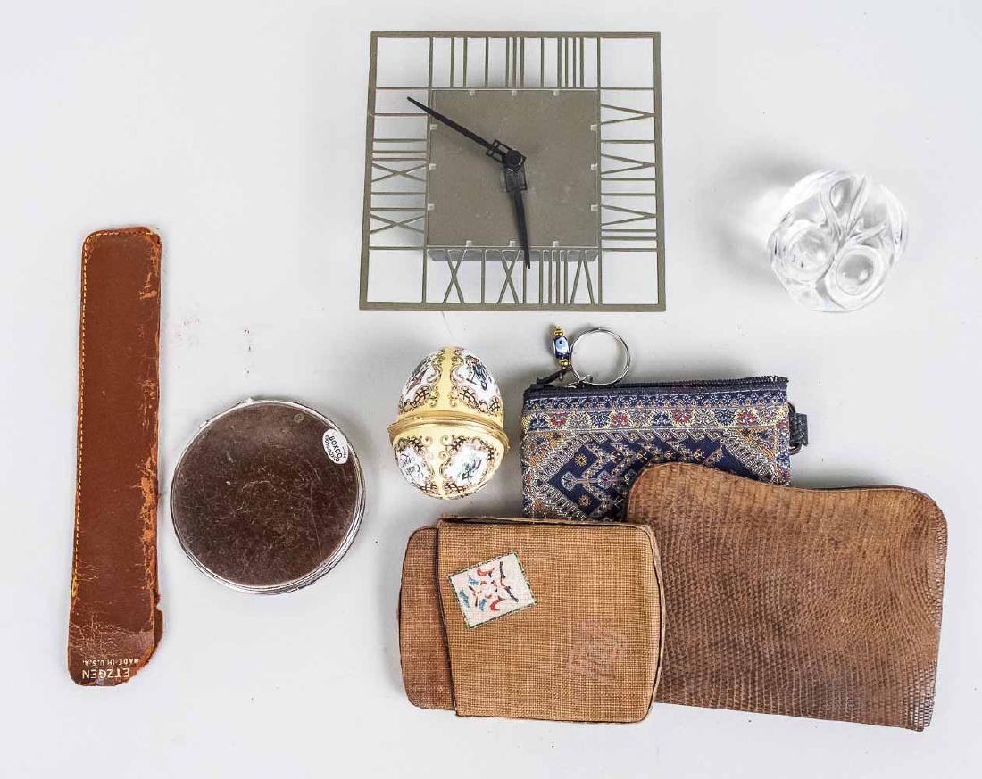 Group of Novelty Articles: Metal desk clock with Roman numeral decoration, vintage sterling mounted wallet, Halcyon Days enamel box, Steuben frog hand warmer, purse mirror, etc. Provenance: From the Estate of Robert Sauers of N