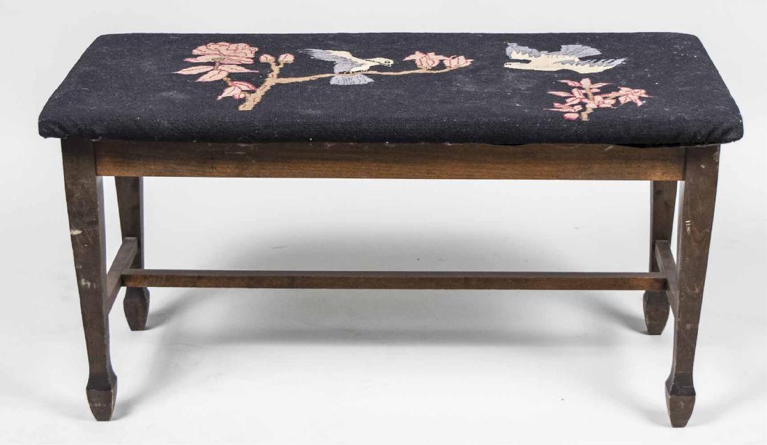 Needlepoint Upholstered Oak Piano Bench: Floral needlepoint decoration. Height 20 inches, width 36 inches, depth 16 inches. Notice to bidders: Condition reports and additional photographs are provided by request as a courtesy to our clients,
