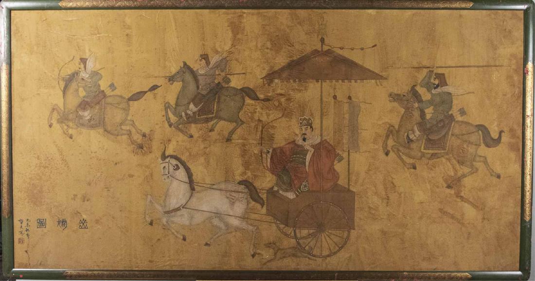 Chinese Sporting Scene Painting: Depicting three warriors on horseback and one riding in a chariot. Watercolor and Ink on silk mounted on panel. Inscribed (l.l.). Frame height, 38 x 72 1/2 inches. Notice to bidders: Condition reports