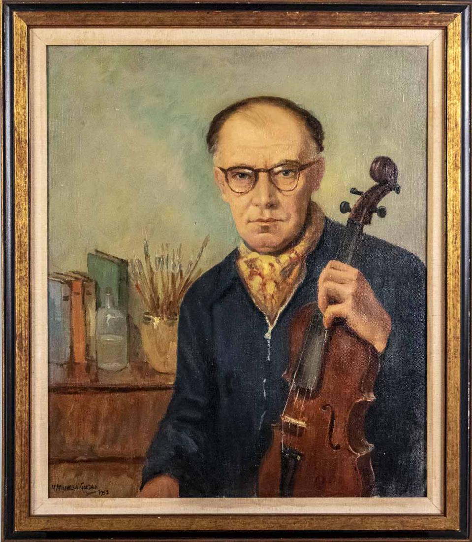 M Michelson-Gordon (English, 20th Century): Self portrait with violin. Oil on canvas. Signed and dated 1952 at lower left. Canvas size, 26 x 22 inches. Framed. Notice to bidders: Condition reports and additional photographs are provided by requ