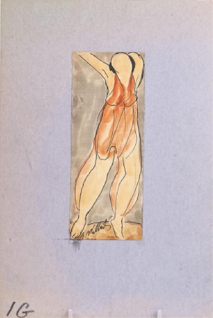 Abraham Walkowitz (Am, 1878-1965): Isadora Duncan. Watercolor and ink on paper, signed l.l. A. Walkowitz. Sight size 7 x 2 1/2 inches. Notice to bidders: Condition reports and additional photographs are provided by request as a courtes