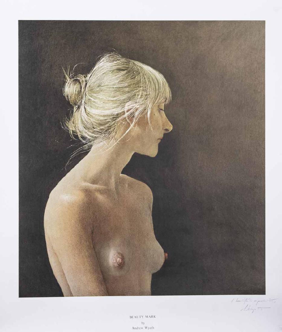 Signed Andrew Wyeth Collotype: The Beauty Mark Collotype published by Triton Press., 1984. Inscribed and signed in pencil by Andew Wyeth at lower right. Sheet size, 28 x 26 inches. Notice to bidders: Condition reports and additiona