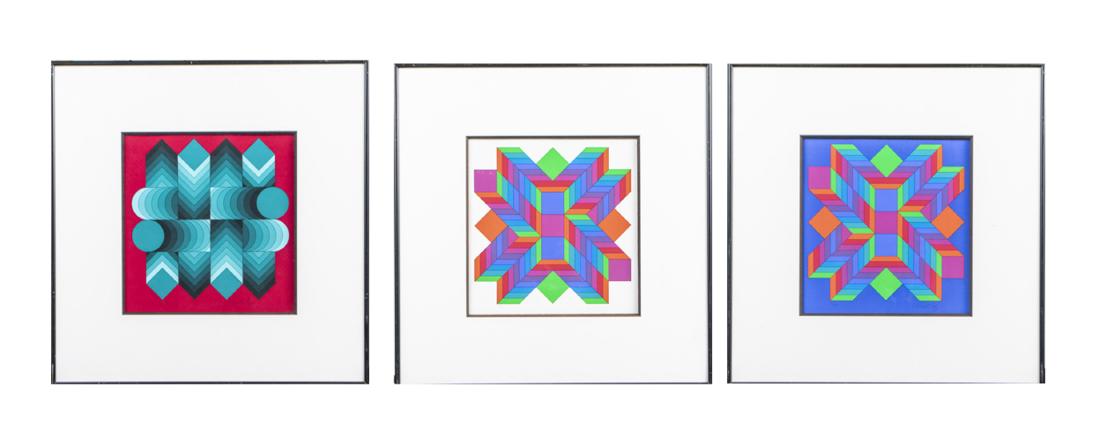 Victor Vasarely (French/Hungarian, 1906-1997): Three Prints from the Helios Suite. Screenprints published by Silium Paris, 1981. Each signed and editioned. Austin Gallery labels on two. Sight size, 11 1/2 x 11 1/2 inches. Frame size 21 1/2 x 22 in