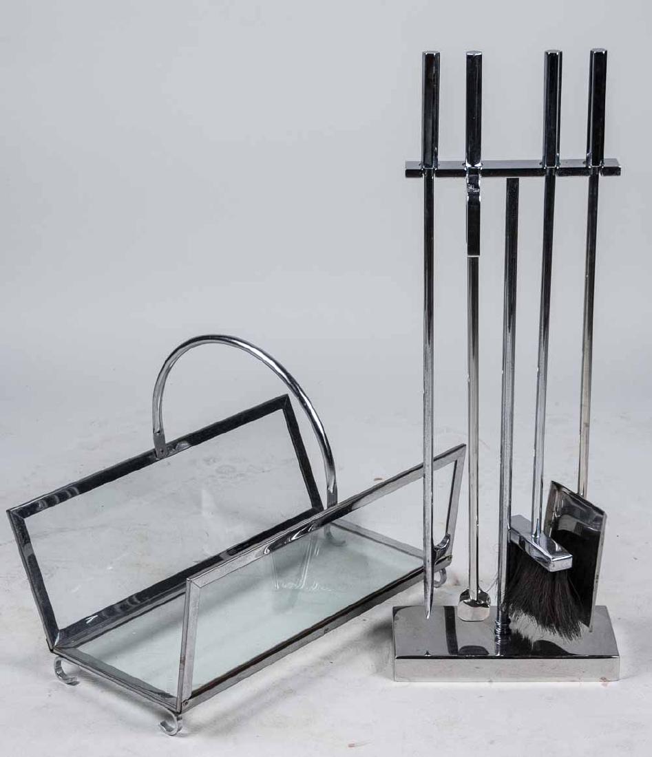 Chrome Fireplace Tool Set & Log Carrier: Brush, poker, tongs, shovel and stand; together with a matching log carrier. Height 32 inches. Notice to bidders: Condition reports and additional photographs are provided by request as a courtesy to 