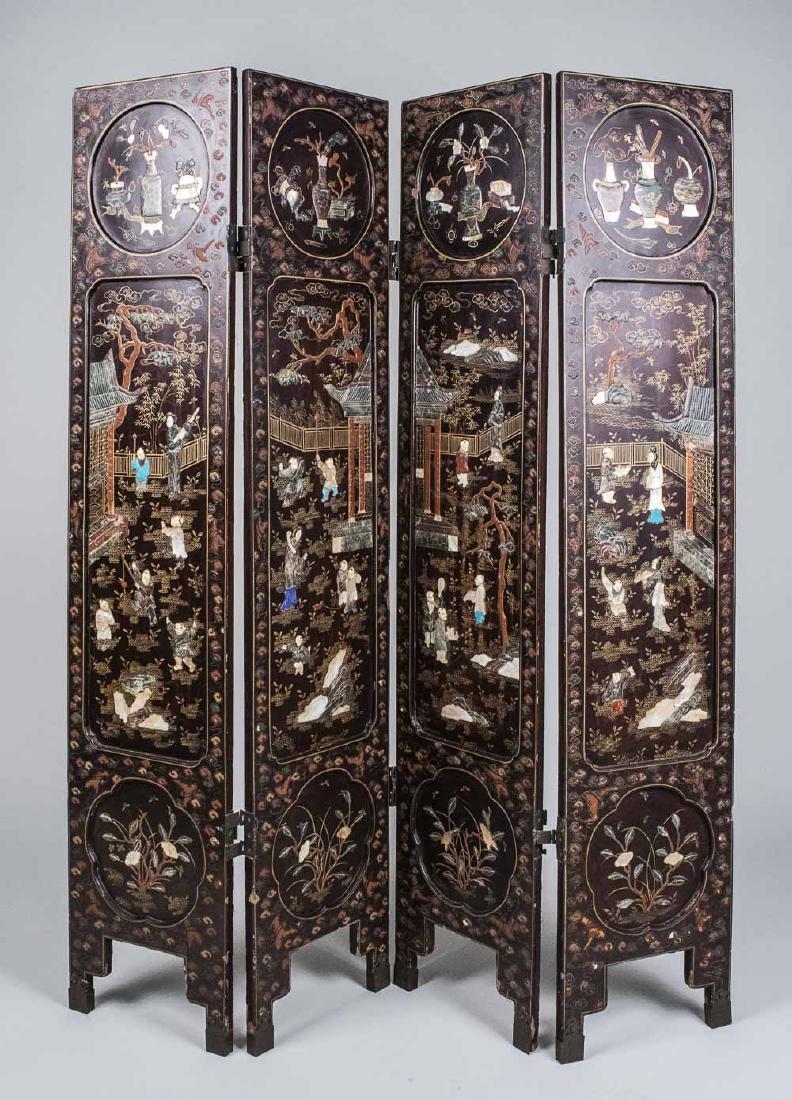 Chinese Hardstone Mounted Screen: Four panel screen with hardstone decoration of figures and flowers. Height 60 inches, width of each panel, 12 1/2 inches. Notice to bidders: Condition reports and additional photographs are provided b