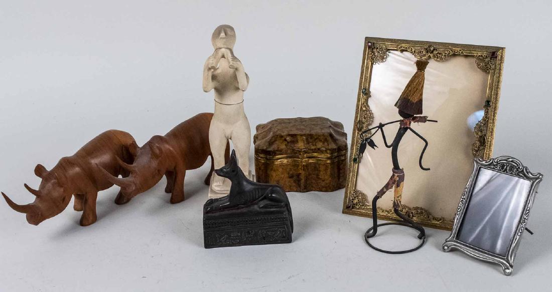 Miscellaneous Group of Decorations: Including two picture frames, porcelain box, two rhinos, etc. Larger picture frame holds 10 x 8 photo. Notice to bidders: Condition reports and additional photographs are provided by request as a cour