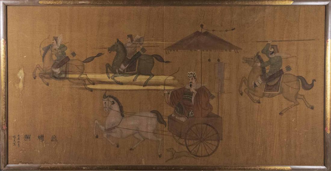 Chinese Sporting Scene Painting: Depicting three warriors on horseback and one riding in a chariot. Watercolor and Ink on silk mounted on panel. Inscribed (l.l.). Frame height, 38 x 72 1/2 inches. Notice to bidders: Condition reports