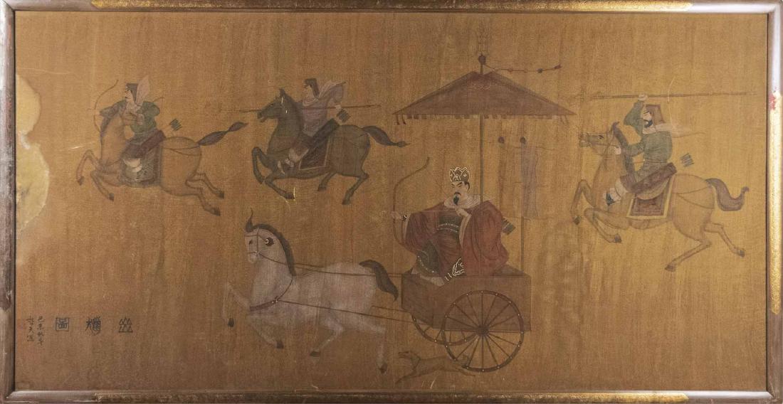 Chinese Sporting Scene Painting: Depicting three warriors on horseback and one riding in a chariot. Watercolor and Ink on silk mounted on panel. Inscribed (l.l.). Frame height, 38 x 72 1/2 inches. Notice to bidders: Condition reports