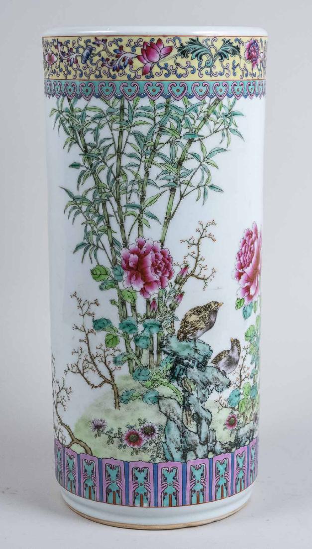 Chinese Porcelain Umbrella Stand: Cylindrical, decorated with chrysanthemums. Height 18 1/2 inches. Notice to bidders: Condition reports and additional photographs are provided by request as a courtesy to our clients, as such any cond
