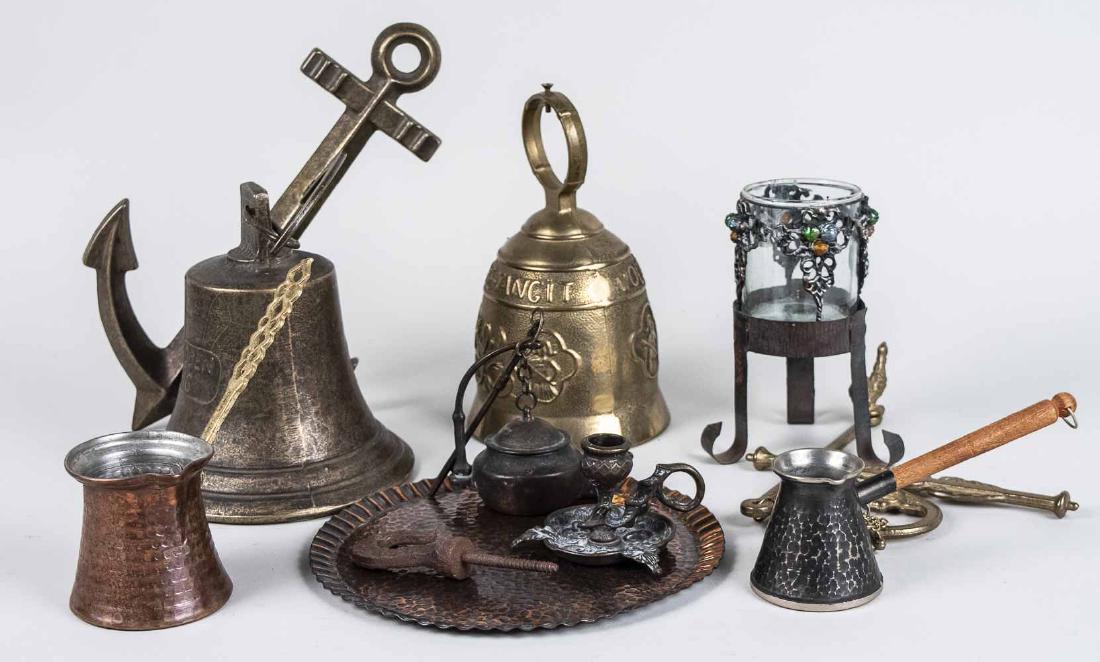 Group of Brass and Metal Decorations: Bell, etc. Notice to bidders: Condition reports and additional photographs are provided by request as a courtesy to our clients, as such any condition report is only an opinion and should not be treat