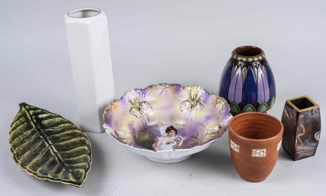 Miscellaneous Group of Ceramic Table Articles: Including vases, bowl, leaf tray, etc. Notice to bidders: Condition reports and additional photographs are provided by request as a courtesy to our clients, as such any condition report is only an opi