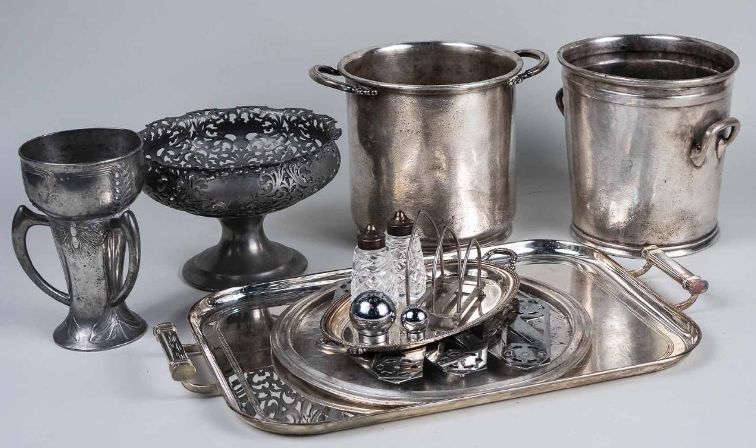 Group of Silver Plated and Metal Table Articles: Details coming soon Notice to bidders: Condition reports and additional photographs are provided by request as a courtesy to our clients, as such any condition report is only an opinion and should not