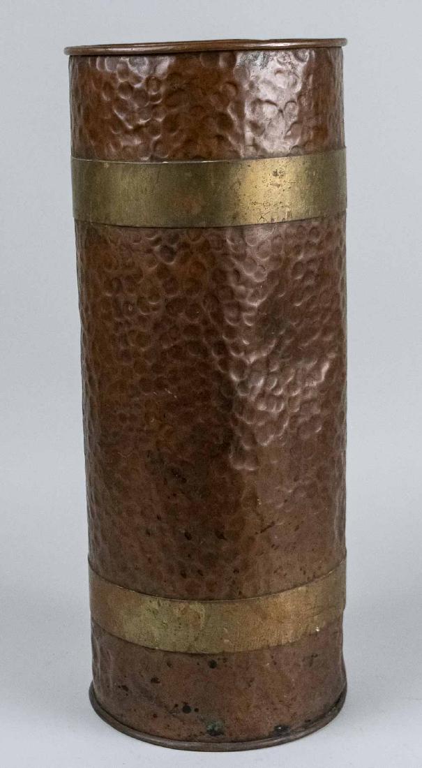 Copper Umbrella Stand: Hammered finish. Height 22 inches. Notice to bidders: Condition reports and additional photographs are provided by request as a courtesy to our clients, as such any condition report is only an opinion