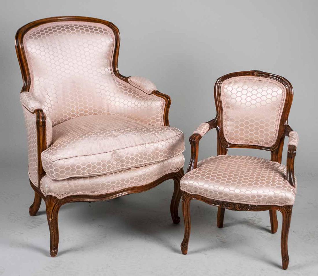 Two French Childrens Chairs: Including a bergere and a fauteuil with rose colored upholstery. Height 33 inches, width 25 inches, depth 25 inches. Notice to bidders: Condition reports and additional photographs are provided by req