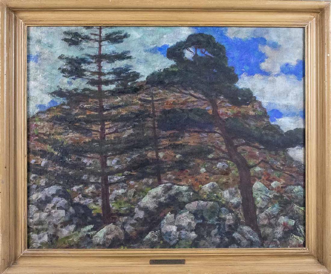 Leopold Widlicka (American, 20th Century): "Beyond Yonkers." Oil on canvas, 1930s. WPA label on frame and on the verso. Canvas size, 24 x 30 inches. Framed. Notice to bidders: Condition reports and additional photographs are provided by reques