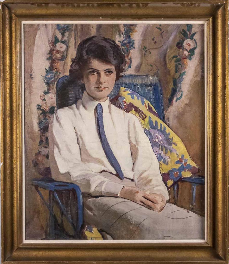 Kenneth Frazier (American 1867 - 1949): "Portrait of a Young Girl with a Tie." Oil on canvas. Canvas size, 30 x 25 inches. Frame size, 35 x 30 1/2 inches. Provenance: Westmoreland County Museum of Art Exhibition, "Kenneth Frazier, American 