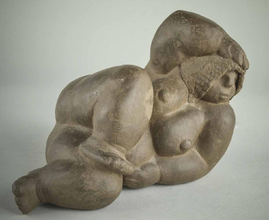 In the Manner of Fernando Botero (Colum, b 1932): Lounging Nude Woman. Unglazed ceramic, 1995. Height 8 1/4 inches. Notice to bidders: Condition reports and additional photographs are provided by request as a courtesy to our clients, as such any cond