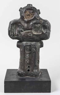 Domenico Calabrone (Brazilian/Italian,1928 -2001): Tiahuanaco Astronaut. Bronze. Height 15 3/4 inches, with base 18 1/2 inches. Ruth White Gallery label on base. Notice to bidders: Condition reports and additional photographs are provided by request a