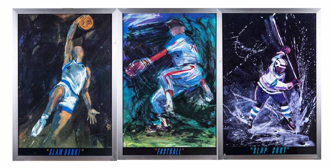 Three Terry Rose (20th Century) Sports Posters: "Slap Shot", "Slam Dunk!", and "Fastball". Frame size largest, 38 1/2 x 26 1/2 inches. Notice to bidders: Condition reports and additional photographs are provided by request as a courtesy to our clie
