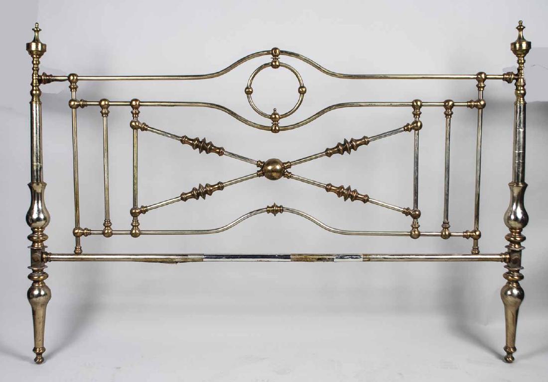 Brass Headboard: Neoclassical style decoration. 51 x 72 inches. Notice to bidders: Condition reports and additional photographs are provided by request as a courtesy to our clients, as such any condition report is onl