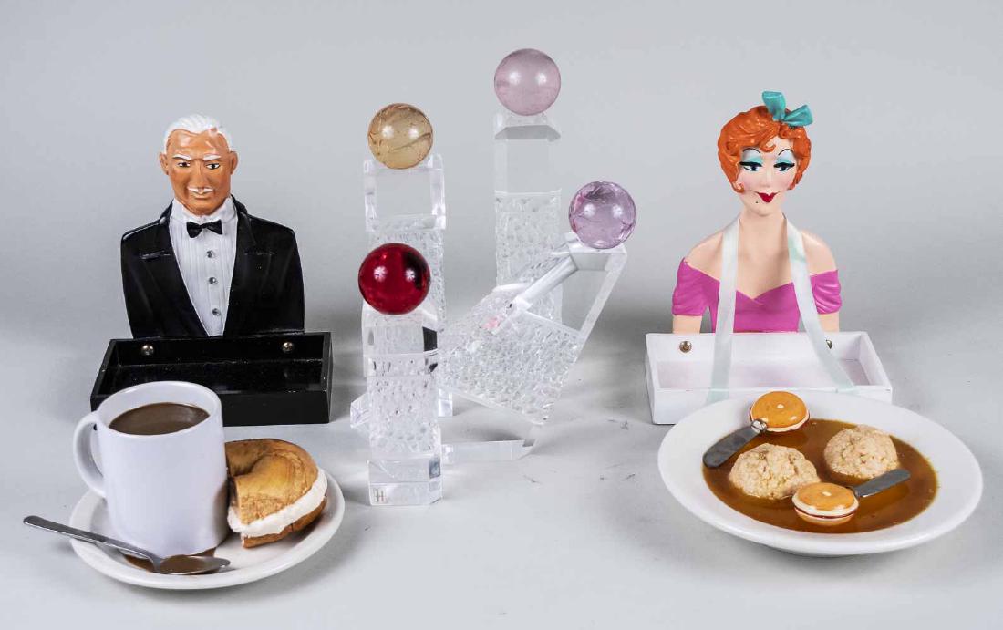 Group of Novelty Table Decorations: Including a lady and a gentleman trays, two tromp loeil dishes and four acrylic sculptures. Lady, height 10 inches. Notice to bidders: Condition reports and additional photographs are provided by requ