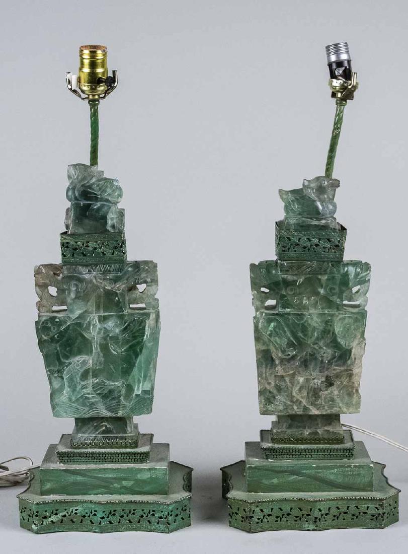 Pair of Chinese Carved Green Quartz Lamps (1 of 6)