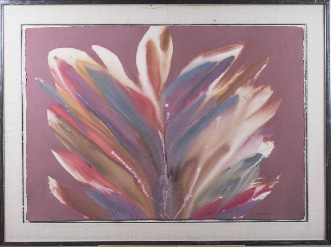 Color Field Painting (20th Century): Reminiscent of Morris Louis Color Field painting technique, this work has a wash-like effect. Paint on paper. Illegible signature in pencil (LR). Paper size, 29 x 41 1/2 inches, frame size 37 x 50 inc