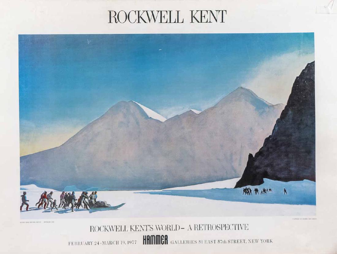 Rockwell Kent Poster: Hammer Galleries A Retrospective, 1977. (Unframed) 25 x 36 1/2 inches. Notice to bidders: Condition reports and additional photographs are provided by request as a courtesy to our clients, as such any
