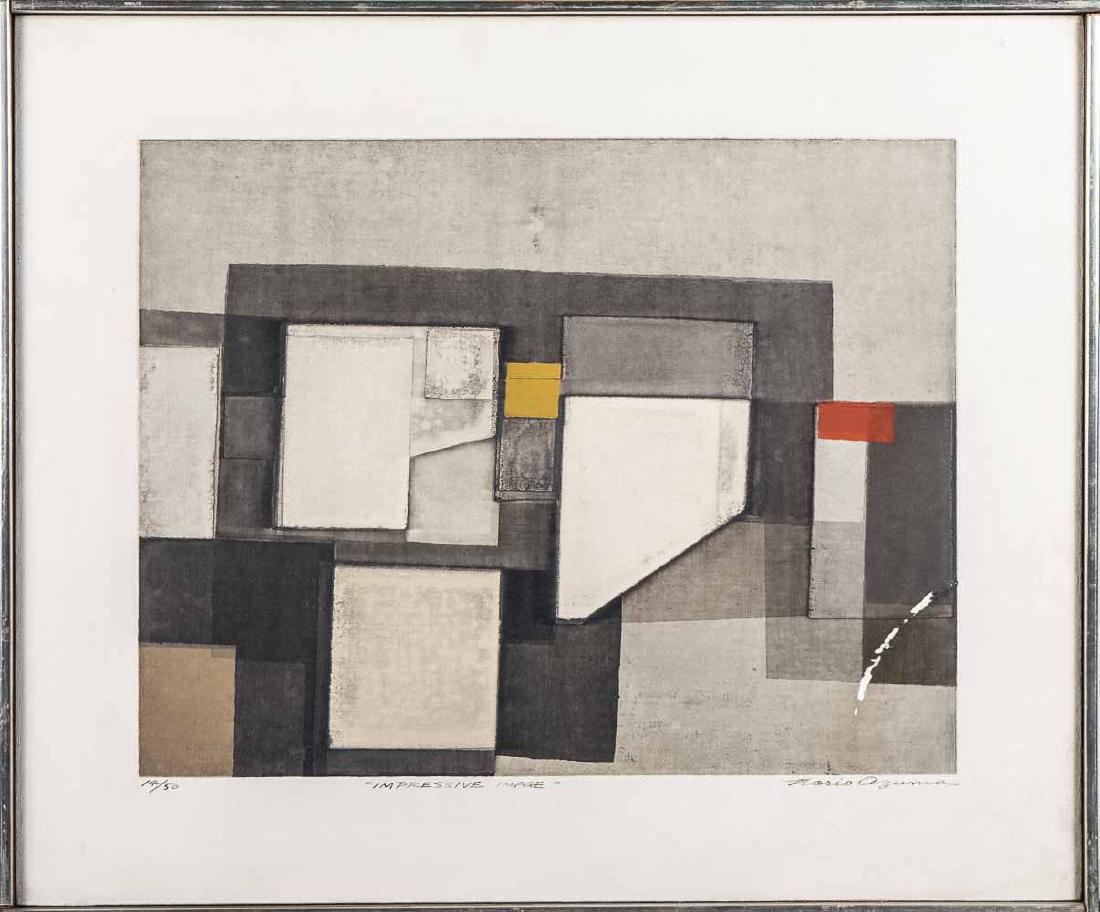 Norio Azuma (Japanese, 1928-2004): Impressive Image. Serigraph on canvas, 1965. Signed (LR) and numbered 14/50 (LL). Signed, dated and titled in the verso. Canvas size 19.5 x 23.5 inches. Framed. Notice to bidders: Condition reports an