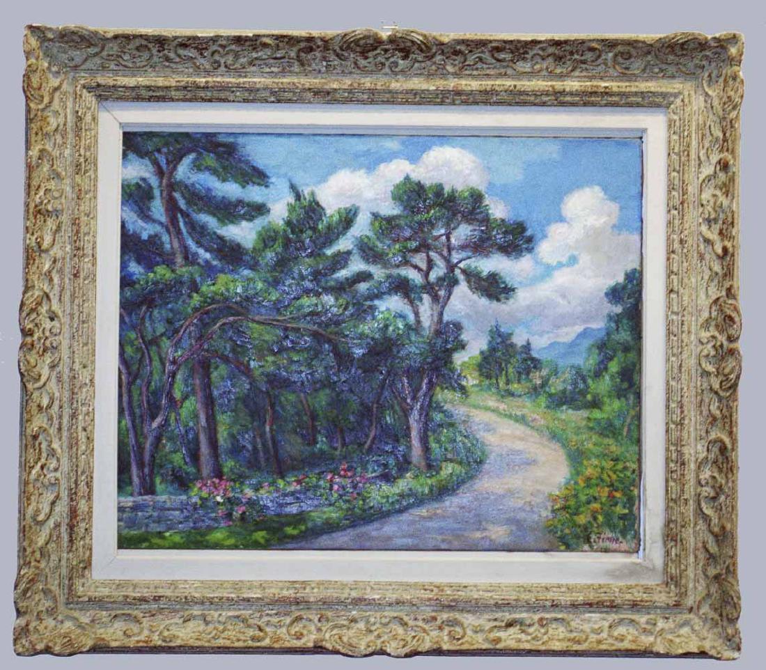 Ernest Fiene (American, 1894 - 1965): Country Road. Oil on canvas. Signed (l.r.). Canvas size 22 x 28 inches. Framed. Notice to bidders: Condition reports and additional photographs are provided by request as a courtesy to our clients, as
