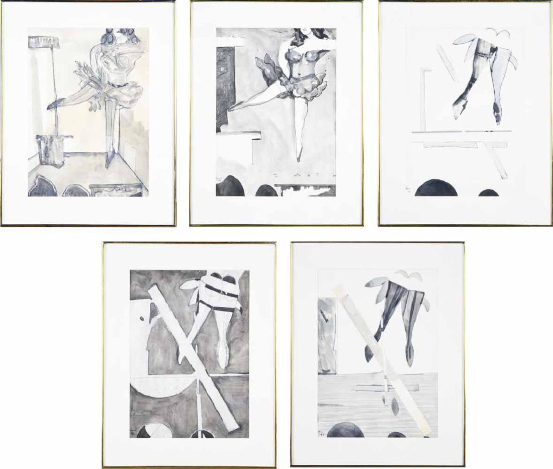 Five Works by Peter Williams (Irish, 1919-1994): 0Ballet Study no. 1, 2, 3, 4, and 6 by Peter Sheldon Williams (pseudonym A. Oscar). All collage and wash on paper, 1973. All signed in ink (l.l.), dated (l.l.). Sight size all 16 x 11 1/4 inches. All