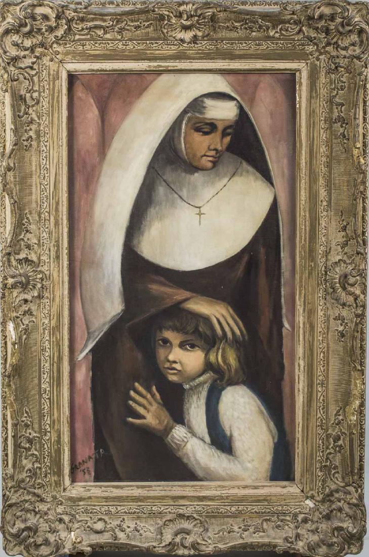 Joseph Granata (20th Century): Nun with Boy. Oil on canvas, 1953. Signed Granata and dated (LL). Frame size 48 x 31 inches, canvas size 36 x 20 inches. Framed. Notice to bidders: Condition reports and additional photographs are pro