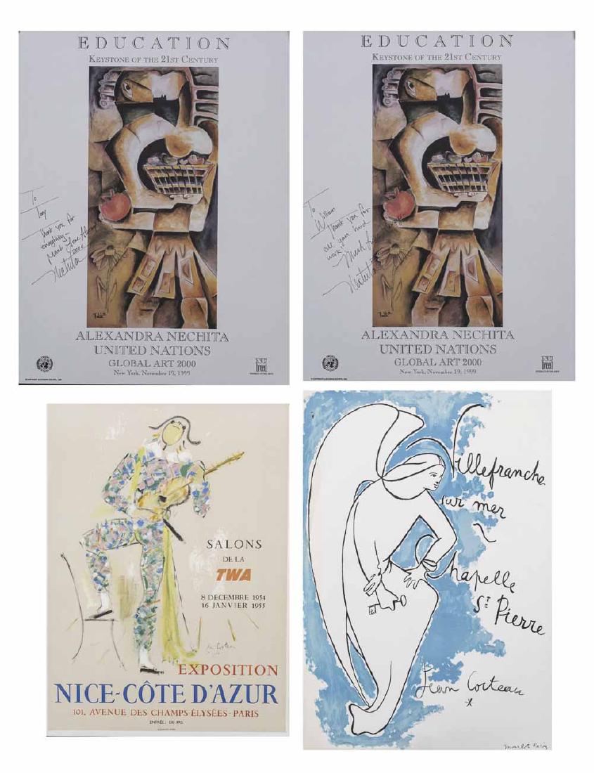 Four Vintage Posters: Two Jean Cocteau posters including Chapelle Saint-Pierre, 1957 and Expo 54 - Salons TWA Nice Cote dAzur reporduction poster and two Alexandra Nechital United Nations Global Art Posters. Offset lithogr