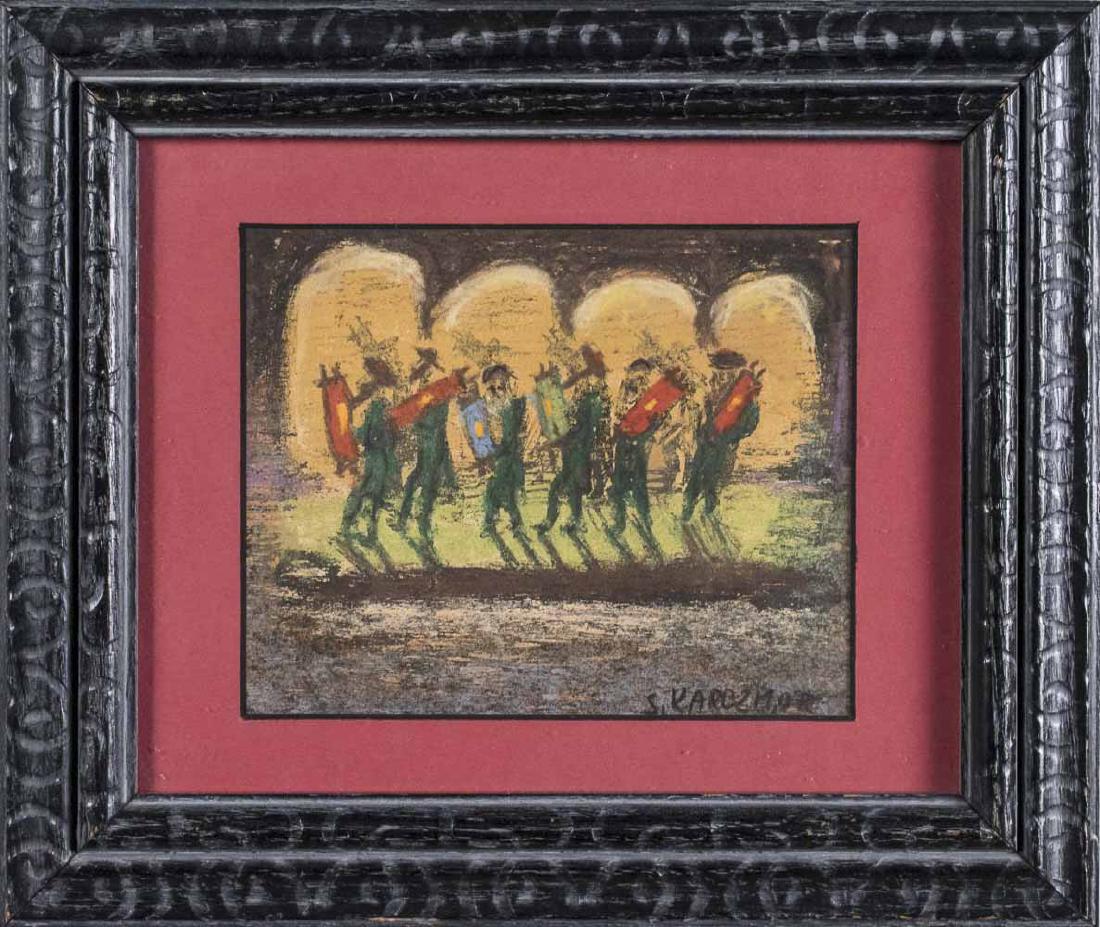 Simon Natan Karczmar (Russian, 1903 - 1982): Men Carrying Torahs. Oil on panel, 20th century. Signed lower right. Sight size 5.5 x 7 inches. Notice to bidders: Condition reports and additional photographs are provided by request as a courtesy to