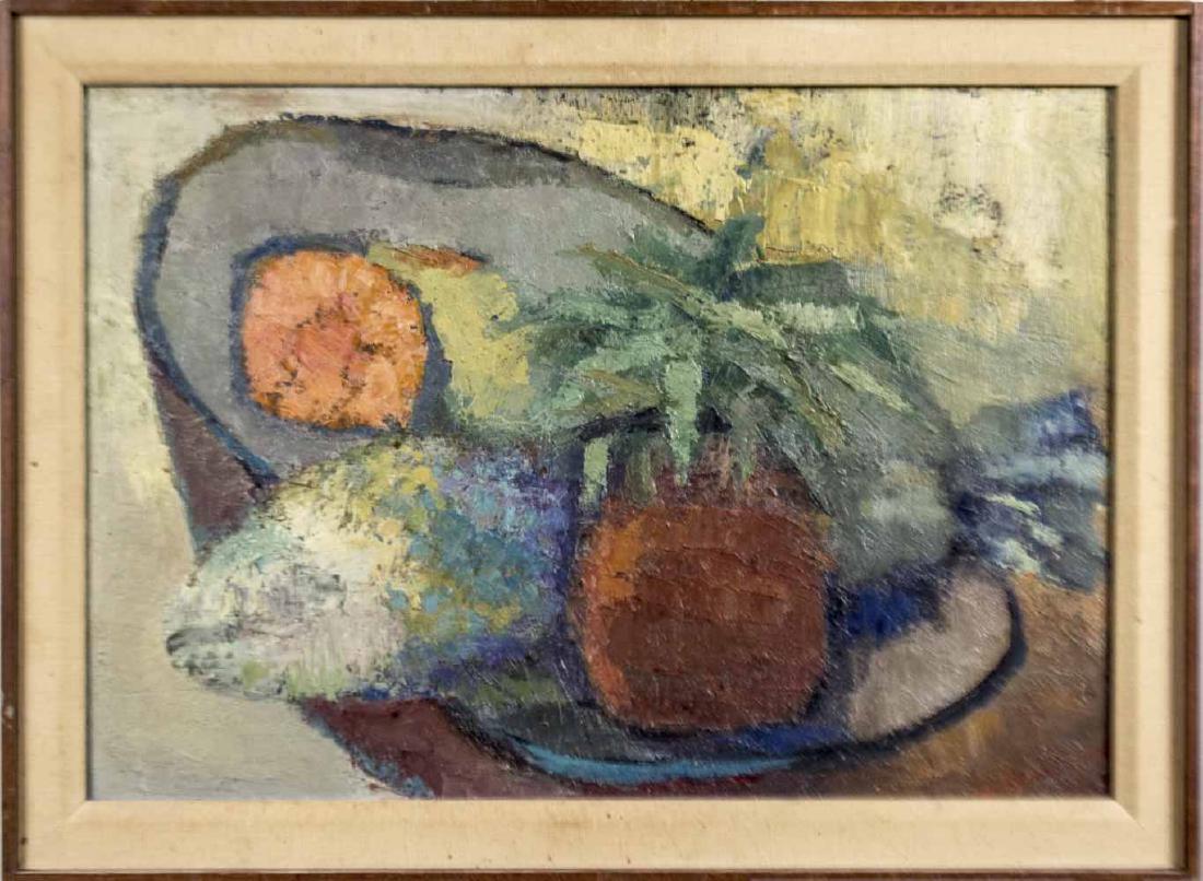 Maurice Abramson (American, 1908-1993): Still Life with Fish. Oil on board, 20th century. Signed. Board size 20 x 14 inches. Framed. Notice to bidders: Condition reports and additional photographs are provided by request as a courtesy to ou