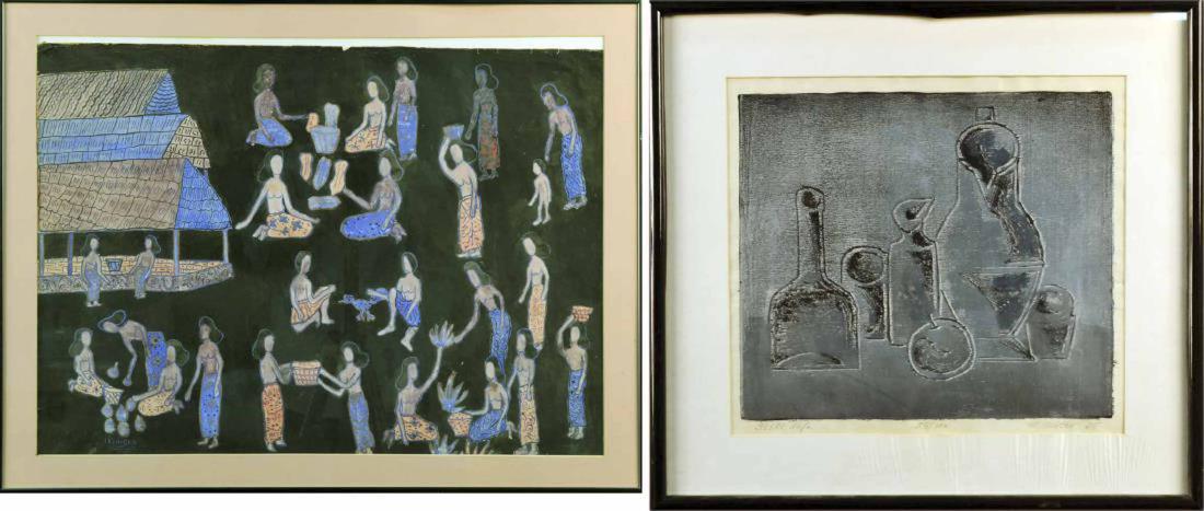 Modern School (20th Century): Two works: M. Miter. "Still Life". Woodblock on paper, 1965. Signed, titled and numbered in pencil. Numbered 85/200. Image size 13 1/2 x 15 5/8 inches. Framed and matted. "Ikinican". Polynesian Villag