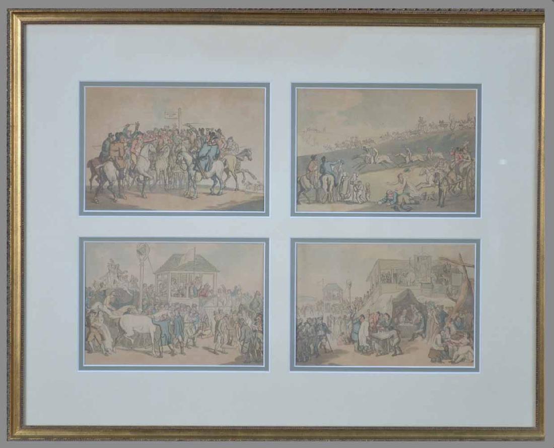 Thomas Rowlandson (British, 1756-1827): Four genre scenes. Aquatint and etching on paper. Each sight size 8 1/4 x 5 3/4 inches. All matted and framed. Notice to bidders: Condition reports and additional photographs are provided by request a