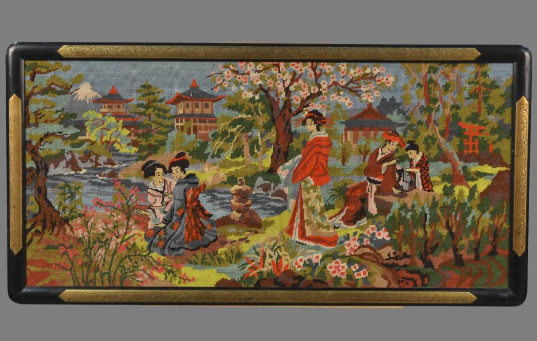 Asian Decorative Needlework Picture: Sight size 18 1/2 x 40 inches. Framed. Notice to bidders: Condition reports and additional photographs are provided by request as a courtesy to our clients, as such any condition report is only an opi